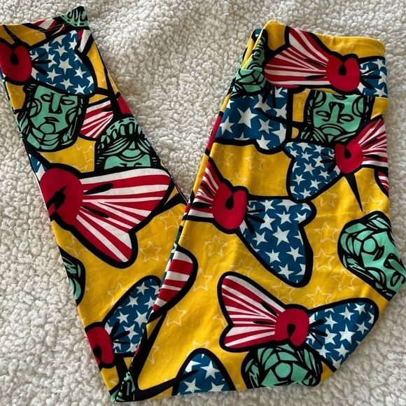 NWT LuLaRoe Yellow Patriotic Leggings w/fun Lady Liberty Design! Size OS (2-10) - Picture 1 of 5